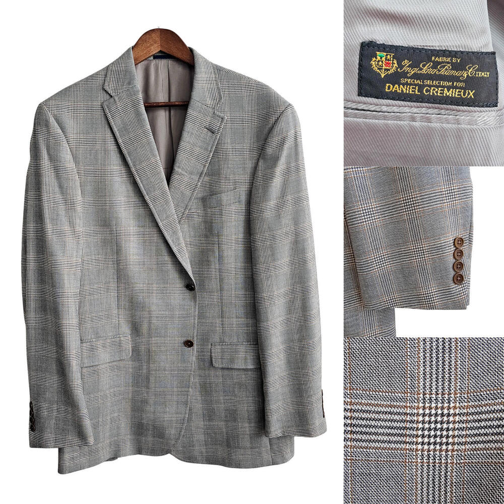 Cremieux Collection Loro Piana Blazer Sport Coat Wool Glen Plaid Brown Gray 44L